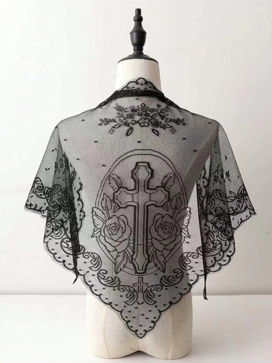 1 pieza Velo de iglesia con bordado de cruz, chal de boda, chal triangular con borde de encaje negro y blanco, transpirable - Multicolor - Ver 1