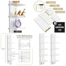 5 Tier Wall Shelf Unit With Hooks, Vertical Column Utility Shelving Home Decor And Storage Organizer, Wall - Mounted Floating Shelves Bathroom Storage, Bedroom 2 Pack - 白色+2裝 - 查看 2