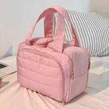 New Fashionable Women's Lightweight Travel Cosmetic Bag 4-Compartment Design Front Pocket With Two Large Mesh Pockets And Clear Bottom Storage Bag Includes Elastic Drawstring Makeup Brush Pouch Available In Four Colors - 粉紅色 - 查看 6