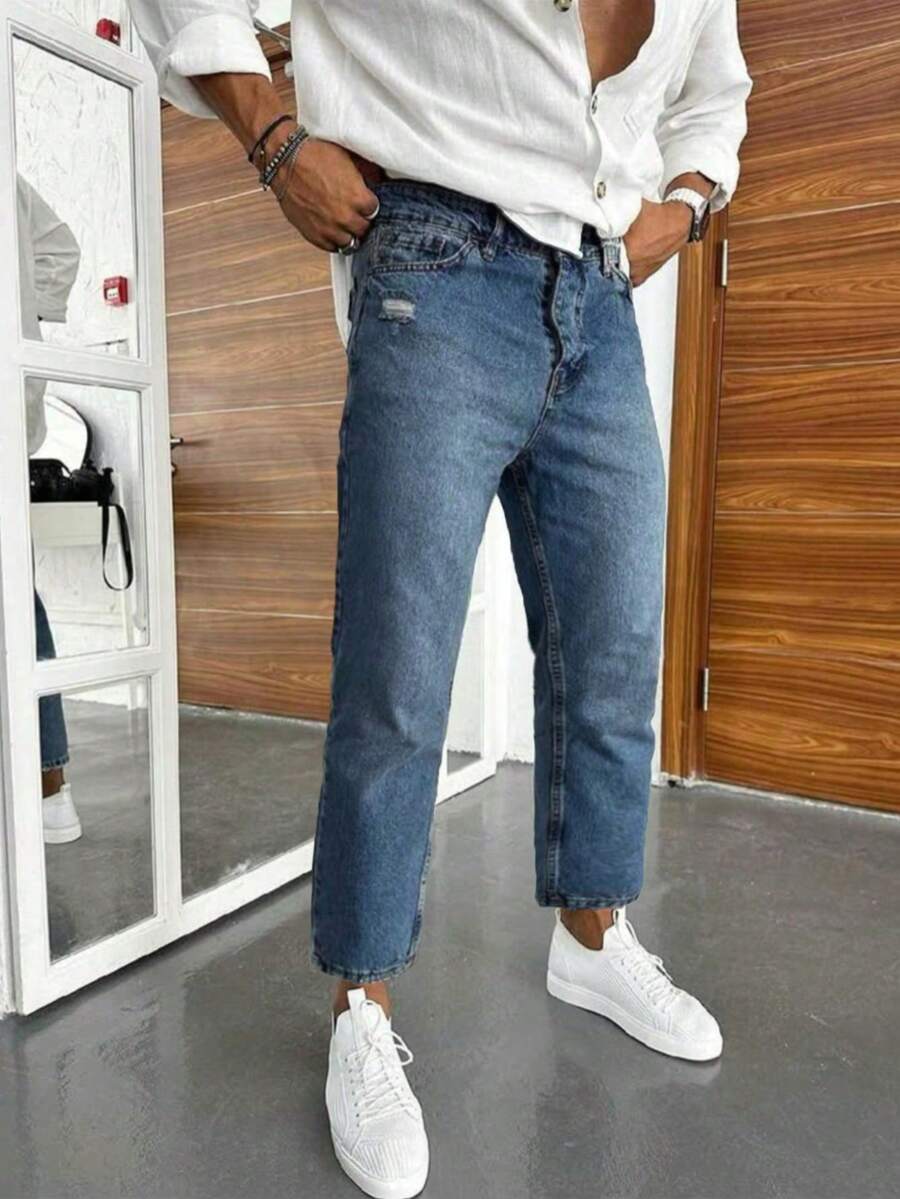 Quần jean ống đứng dáng rộng màu xanh đậm indigo retro vintage dành cho nam, dáng suông, thoải mái, tôn dáng, vải denim indigo, thích hợp cho mùa xuân, hè, thu, đông - Rửa nhẹ - Xem 1