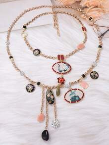 1对复古高端几何花朵树脂吊坠耳环，夸张造型女士耳环 - 花卉飛鶴流蘇項鍊 - 查看 3