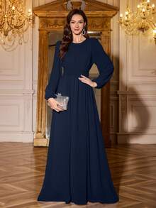 Volly Toych 藏蓝色优雅端庄长袖圆领雪纺伴娘礼服，胸部饰有褶皱细节，完美适用于优雅正式场合，袖子无衬里。 - 藏蓝色 - 查看 7