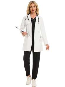 cimmuovere Damski kołnierzyk z karbem, długi rękaw, rozcięcie u dołu, regulowany pasek w talii, wiele kieszeni, wygodny, profesjonalny, codzienny, fartuch, pielęgniarka, odzież robocza, dentysta, opieka zdrowotna, szpital dla zwierząt, fartuch laboratoryjny