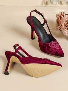 Women's Burgundy Velvet Crystal Shell Decor Pointed Toe Stiletto High Heels, European And American Style For Evening Party,Wedding Outfits - Burgundy - View 6
