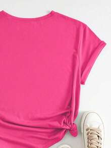 女士休闲圆领短袖T恤，印有“Espresso Martini Coffee Club”图案，夏季款 - 玫紅色 - 查看 4