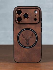 Luxury Retro Deer Head Pattern Faux Leather Phone Case, Compatible With 17/16/15/14/13/12/11 Pro Max Plus, Supports Magnetic Wireless Charging, Suitable For 17 Pro Max, Rounded Corners, Shock-Absorbing Protective Cover Gift - Black - View 9