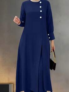 2pcs Women Simple Set, Including One Button Decor Round Neck Belted Top And Wide Leg Pants, Non-Stretch Fabric - Navy Blue - View 2