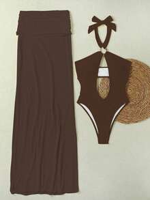 新款女士时尚露背金属环装饰性感优雅纯色比基尼套装，含迷你裙，适合海滩、度假、派对、夏季约会等场合。 - 卡其色 - 查看 5