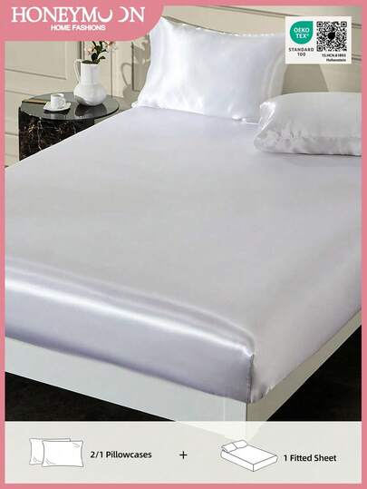 2/3pcs Solid Color Satin Fitted Sheet,1pc Satin Fitted Sheet+1/2pcs Satin Pillowcase Soft Breatheable Wrink-Free Better For Sleep, Luxury Hotel Style, Gift, For All Size Bed -Twin, Full, King, Queen Size Sheet 14inch/35cm Deep Pocket, Machine Washable, Oeko-Tex Certified