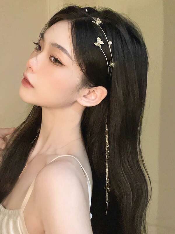 1pc Pearl & Rhinestone Butterfly Tassel Headband, Bridal Rhinestone Hair Chain Headpiece, Fashion Hair Accessory For Wedding, Daily Wear, Festivals, Head Jewelry