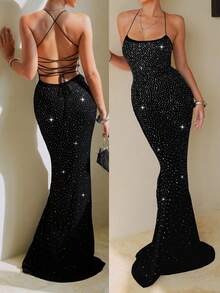 Sexy Ombre Rhinestone Mermaid Tail Bodycon Party Cocktail Dress For Women Wedding Black Spring - Black - View 5
