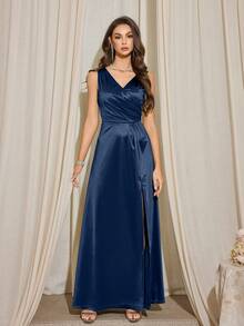 复古 1950 年代无袖缎面派对舞会礼服 - 藏蓝色 - 查看 4