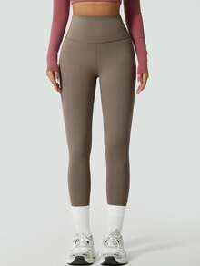 1 pieza Pantalones deportivos de ciclismo de cintura alta elástica de unicolor minimalista para mujer, primavera - Marrón - Ver 2