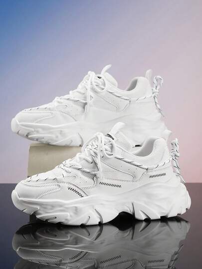 Men's Fashion White Patchwork Personalized Double Strap Design Low-Top Sneakers, Versatile Outdoor Daily Casual Mesh Comfortable Shoes