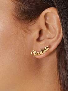 Orecchini a perno personalizzati con nome, orecchini in acciaio inossidabile da donna, regalo di gioielleria elegante per la fidanzata, adatti per compleanno, vacanze, outfit quotidiani, festa della mamma, Natale, famiglia, San Valentino - Dorato - Visualizzare 4