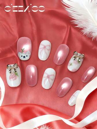 Original Design, Handmade, Acrylic Press On Nails (10pcs) - Hand Painted Strawberries And Bears, Cute Nails, Pink Cat Eye Sparkling Effect, Short Nail Stickers, Novel Gradient Design, 3D Bow Metal Decorations - Quick Nail Art Kit. Perfect For Matching Outfits. Transform Your Look With Artistic Nails. Ideal For Small Makeup Travel Bags.