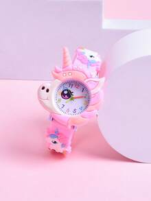 Jam Tangan Anak Perempuan 3D dengan Tali Silikon Lembut Motif Kartun Kupu-kupu dan Unicorn, Jam Tangan Quartz dengan Pola Kupu-kupu Unik - Berwarna merah muda - View 8