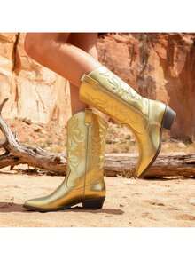 Lurnyet Cowboy Boots For Women Cowgirl Western Boots Fashion Embroidery Stitched Chunky Heel Mid Calf Boots WACOW-2 - 金色 - 查看 7