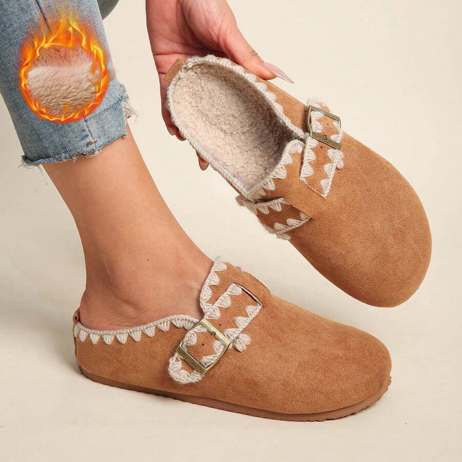 Plus Size Women's Casual Velvet Snap Button Slippers, Warm & Comfortable Soft Sole For Home & Vacation