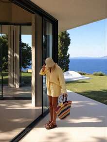 Women's Bohemian Style Elegant Printed 2-Piece Set, Long Sleeve Button-Up Shirt Top And Ruffle Hem Shorts, Non-Stretch Fabric - Yellow - View 7