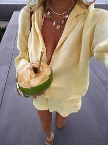 Women's Bohemian Style Elegant Printed 2-Piece Set, Long Sleeve Button-Up Shirt Top And Ruffle Hem Shorts, Non-Stretch Fabric - Yellow - View 2