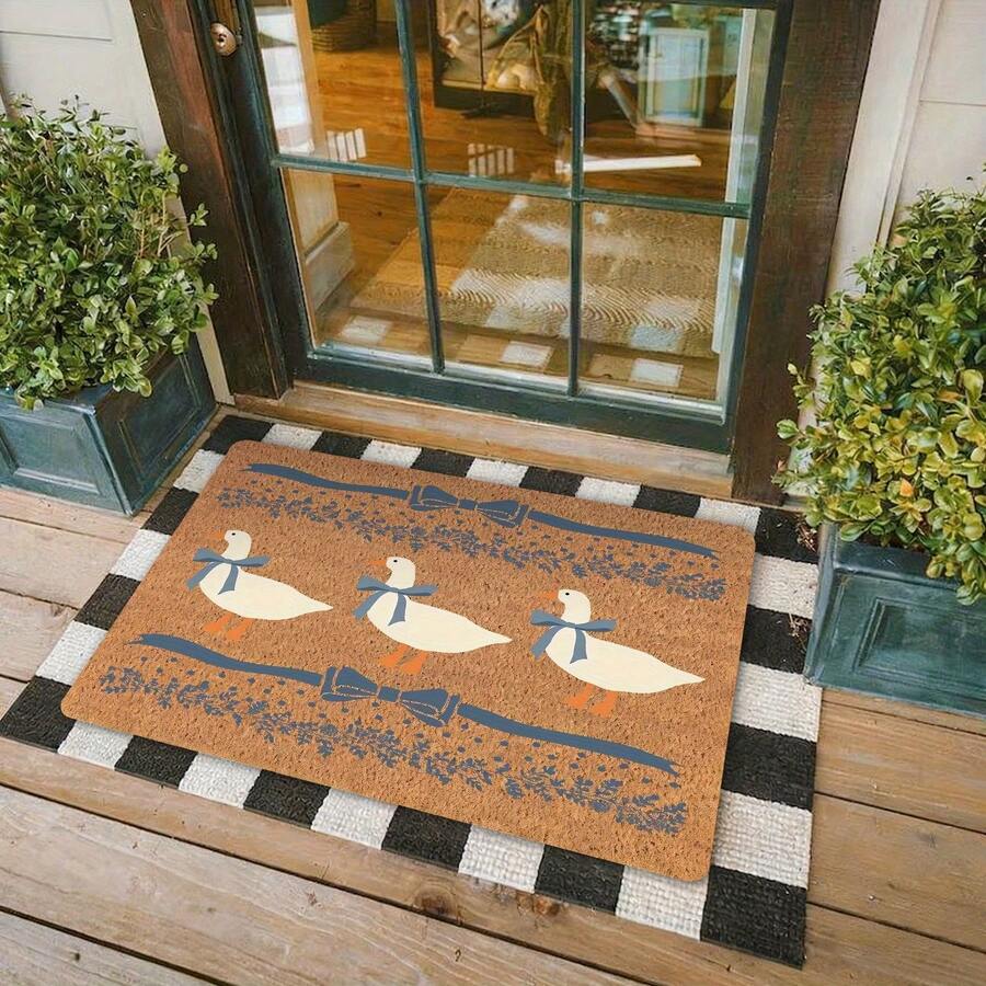 1pc Vintage Blue Ribbon Goose Welcome Doormat - Farmhouse Goose & Floral Design With Checkered Border, Indoor/Outdoor Entry Front Door, Garden, Porch - Beige & Blue Rustic - màu đen - Xem 1