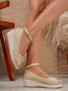 Women's Fashion Linen Rope Wedge Sandals, Breathable Casual Vacation Shoes - Beige - View 3