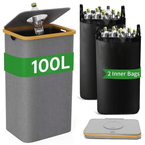 1pc 100L Large Recycling Bin With Lid – 29 Gallon Indoor Kitchen Trash Can With 1 Removable Reusable Inner Bag For Bottles, Cans, Plastics & Glass, Multi-Use Waste Sorting Bin For Home, Apartment, Office & Dorm, Perfect Gift For Family, Friends, Christmas, Valentine's Day, Birthday, Housewarming & Holiday Use