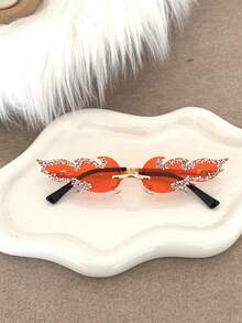 1/2/3pcs Women's Flame Shaped Rhinestone Red Rimless Glasses, European And American Style Exaggerated Personalized Fashion Glasses, Zinc Alloy Temple, Suitable For Party / Music Festival / Street Photography / Theme Event / Stage Performance Niche Eye-Catching Accessory - Multicolor - View 18
