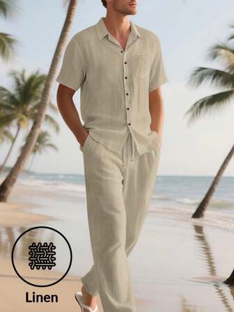 2pcs/Set Men's Linen Outfit, Plain Single-Breasted Short Sleeve Shirt & Trousers, Casual Light Weight Summer Linen Wear For Men, Cozy Outfits
