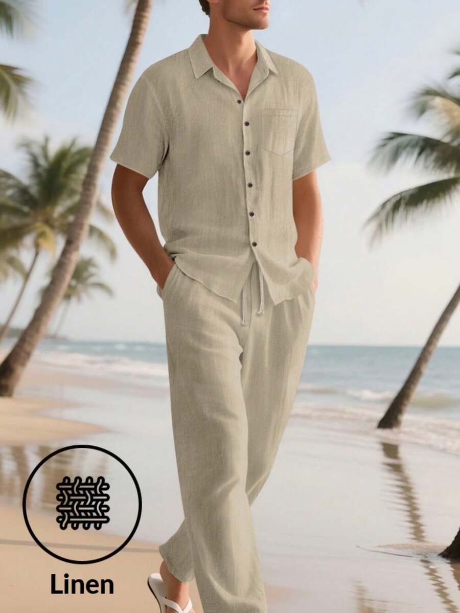 2pcs/Set Men's Linen Outfit, Plain Single-Breasted Short Sleeve Shirt & Trousers, Casual Light Weight Summer Linen Wear For Men, Cozy Outfits