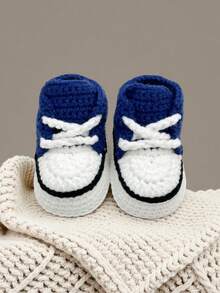 1双手工钩编婴儿鞋，室内爬行袜 - 藏蓝色 - 查看 4