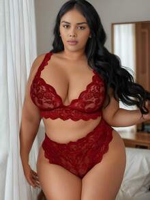 Plus Size Lace Trim Lingerie Set, Deep V Lace Bra And Panty Set, Sexy Clubwear - Màu Đỏ Sâu - Xem 2