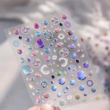 1pc Cartoon Galaxy Nail Stickers - Shiny Planets, Stars, And Hearts Design For Women And, DIY Nail Decals With Glittery Embossed Finish, Self-Adhesive Plastic, Nail Art Supplies | Cartoon Themed Nails | Embossed Finish Nails - 彩色 - 查看 5