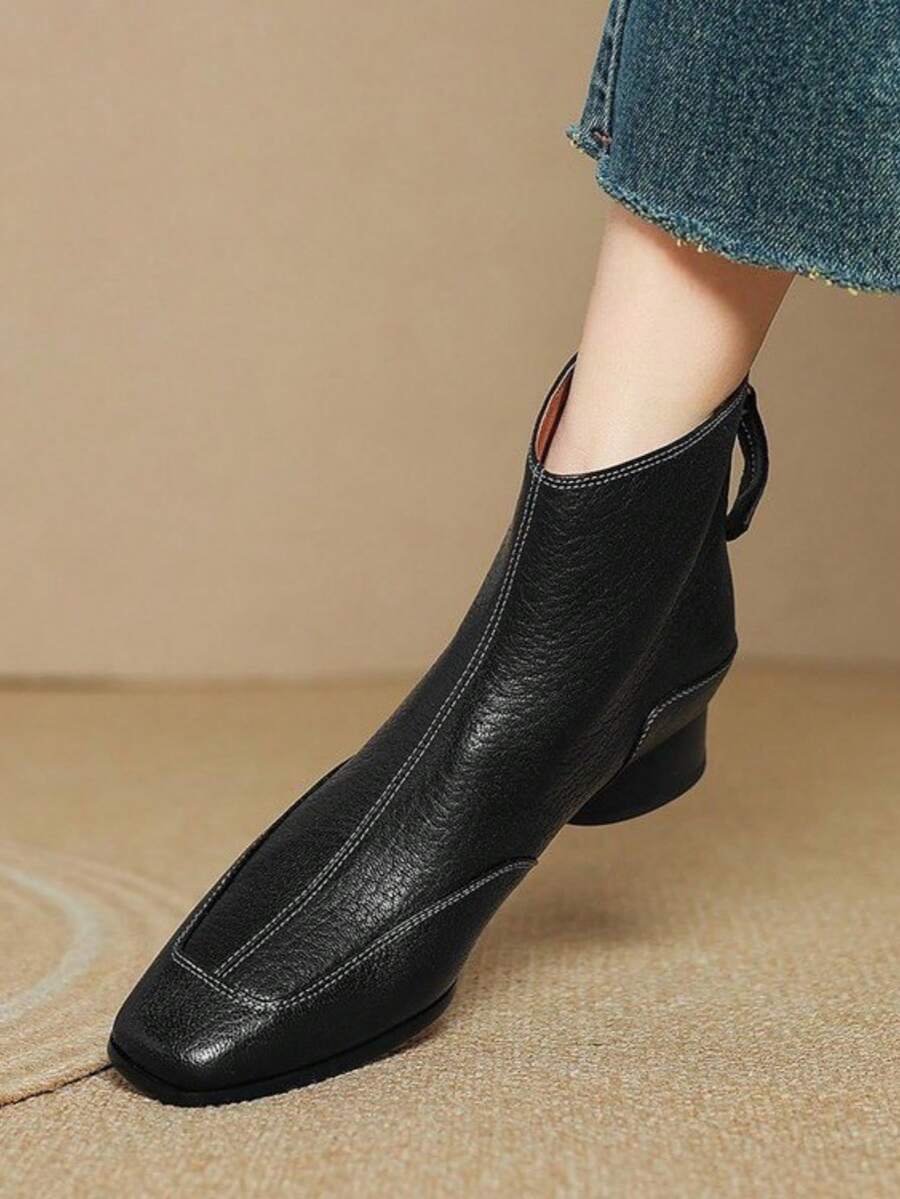法式复古软皮方头修身短靴，女士踝靴，后拉链设计，中跟，百搭，秋冬款 - 黑色 - 查看 1