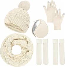 Set de Gorro Bufanda de Punto Invierno con Guantes de Pantalla Táctil Orejeras de Cálida Calcetines de Forro Polar 5 en 1 Conjunto - Blanco - Ver 2