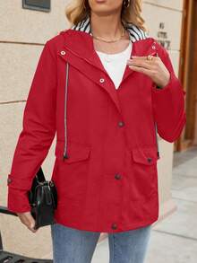 女士长款连帽雨衣，轻便休闲雨衣，全拉链设计，适合徒步旅行和户外活动 - 紅色 - 查看 8