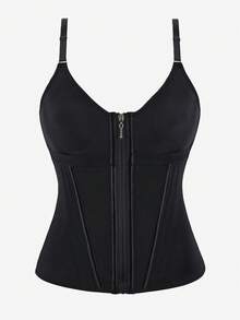 15-Boned Steel Boned Corset Bustier Top, Gold Zipper, Spaghetti Strap, Metal Buckle, Waist Trainer, Shapewear, Slimming - 黑色 - 查看 1