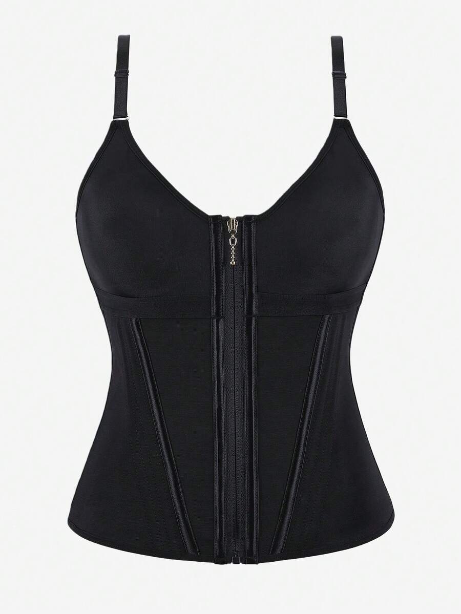 15-Boned Steel Boned Corset Bustier Top, Gold Zipper, Spaghetti Strap, Metal Buckle, Waist Trainer, Shapewear, Slimming - 黑色 - 查看 1