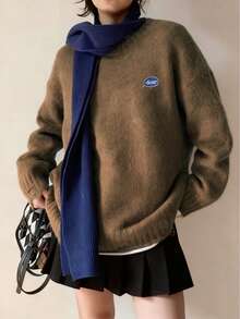 Loose Oversized Knit Sweater For Women, Thick Pullover With Embroidery, Winter - Brown - View 3