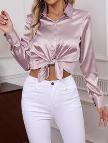 Áo sơ mi dài tay cài cúc màu trơn thanh lịch mới năm 2026, kiểu dáng cổ điển dành cho nữ, thích hợp mặc đi làm. - Màu tím hoa cà - Xem 3