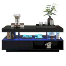 Glossy Black Coffee Table Measuring 95x50x42.5 Cm With 4 Glass Shelves, 2 Drawers And 2 Open Compartments. Low Living Room Furniture. - Black - View 9