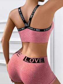 2pcs Women's Letter Print Sexy Sports Bra Camisole Set, Backless Strap Bralette Without Lining - Watermelon Pink - View 2