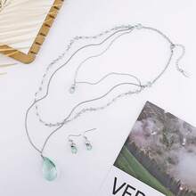 Bocar 3 Layer Jewelry Set Long Chain Pendant Bead Necklace Earring Women - Green - View 4