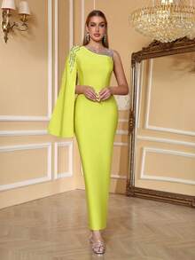 Love Aing New Arrival Women's Formal Dress, Rhinestone Embellished Turtleneck Bodycon Dress, Elegant Mesh Splice Evening Gown For Wedding, Party, Banquet