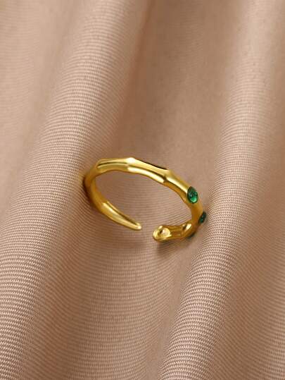 1PC Green Zirconia Open Adjustable Rings For Women Men 18K Gold Plated Bamboo Joint Finger Rings Luxury Jewelry Christmas Gift