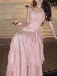 优雅不对称荷叶边吊带连衣裙，时尚百搭，适合女性穿着，简约细肩带设计，适合派对、舞会、晚宴、生日、婚礼、返校等各种场合，端庄修身，夏季必备 - 淺粉色 - 查看 7