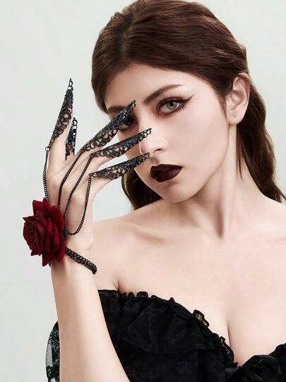 Ringe und Armbänder im Gothic-Stil, Fingerarmbänder aus Spitze, Armbänder mit dunklen Rosenmotiven, Armbänder als Cosplay-Accessoires, geeignet für Outfits zu festlichen Anlässen usw.