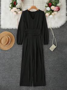 Women's Shirred Jumpsuit With Pockets - Black - View 3