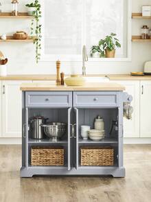 FKW71 Kitchen Island With 4 Hidden Wheels, Kitchen Trolley With Extendable Stainless Steel Worktop, Kitchen Cabinet, Serving Trolley, Wood, Dimensions (W X H X D): Approx. 115 X 92 X 46-71 Cm - Grey - View 2